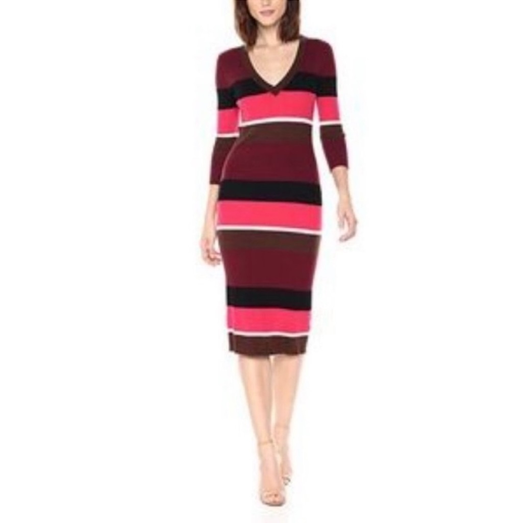 Trina Turk Grand Ave Merino Wool Brown Pink Striped Sweater Dress